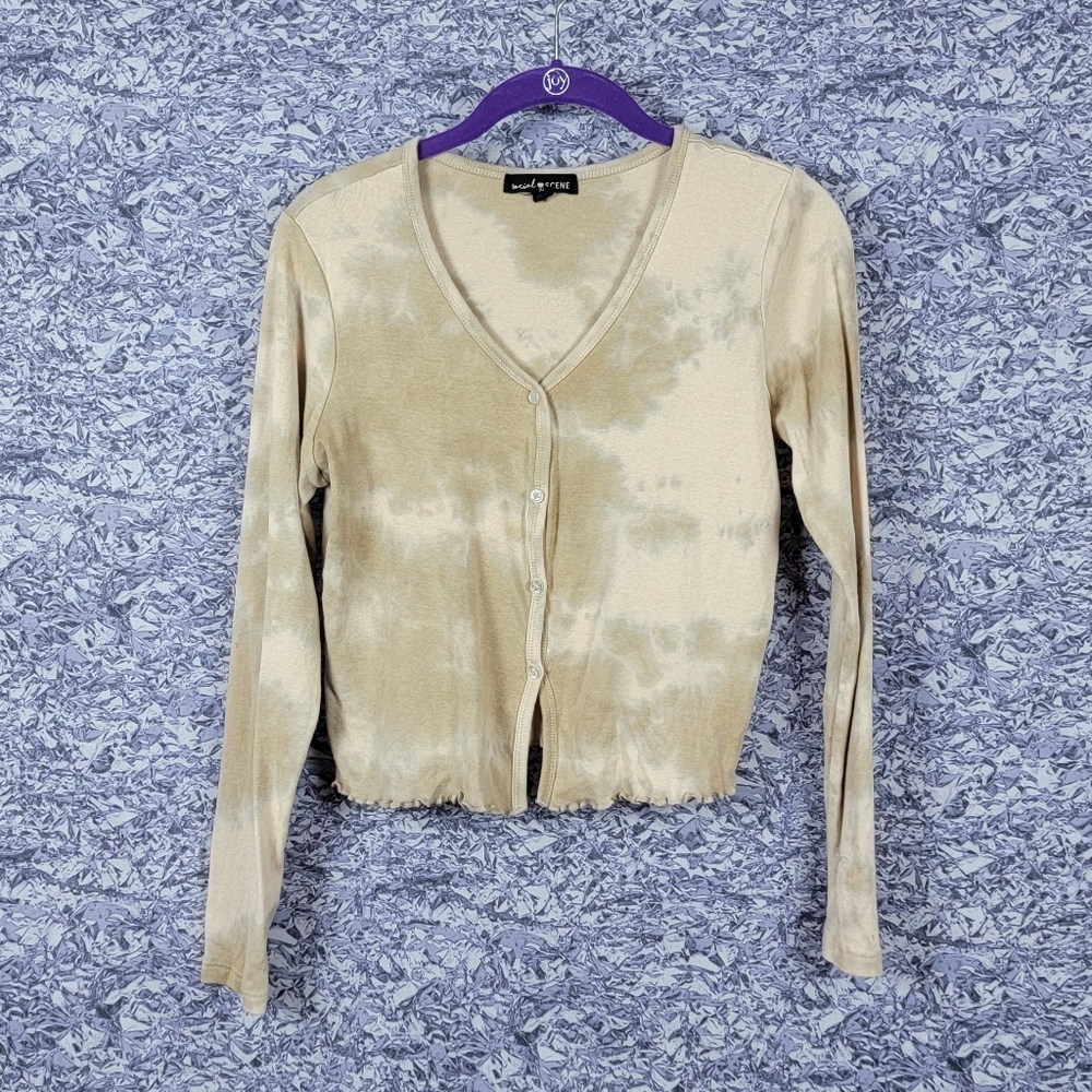 Tie dye tan cropped button up sweatshirt